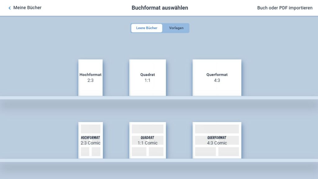 Screenshot von der übersichtlichen Oberfläche vom Tool BookCreator: Hier kann man das Buchformat auswählen: Hoch- oder Querformat oder quadratisch