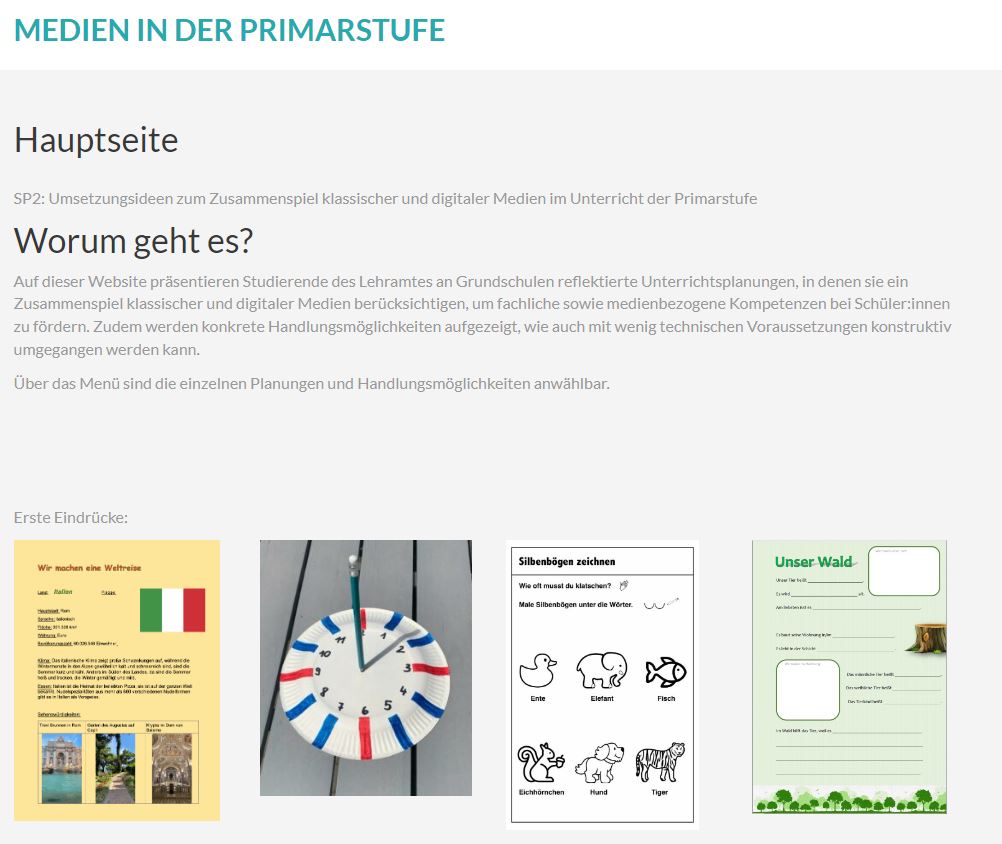 Screenshot der Startseite der Seminar-Webseite mit Vorschaubildern der entstandenen Medienprodukte