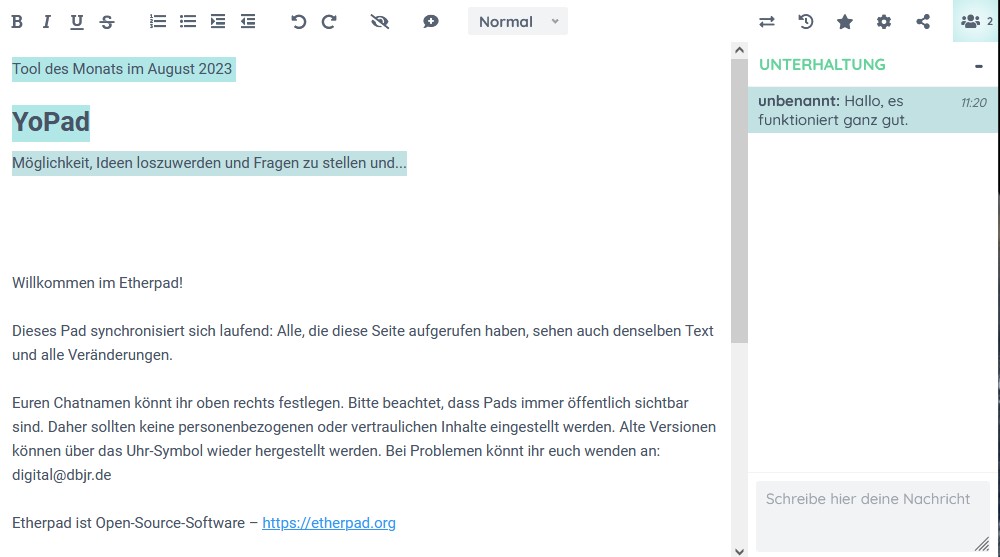 Screenshot 2: Schreiboberfläche von YoPad: Hier kann Text eingegeben und bearbeitet werden; rechts ist ein Chat-Fenster geöffnet. 